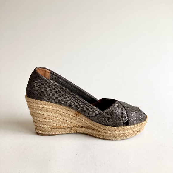 Tory Burch Grey Silver Fabric Espadrille Heeled Wedges size 8 - Picture 6 of 14